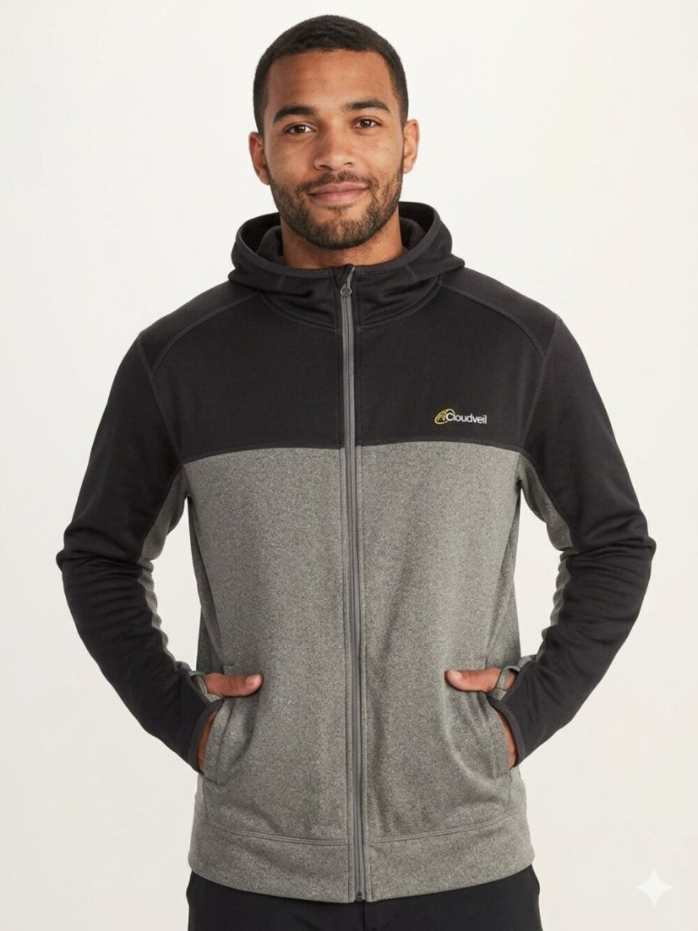Cloudveil Fleece Hoodie in Black and Heathered Grey with Thumbholes